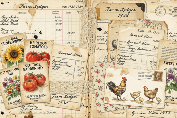 Download Vintage Farmhouse Ephemera Paper Collage - Ephemera paper Collection