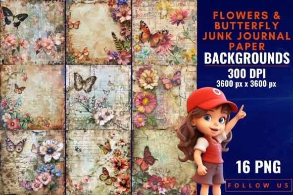 Download Flowers &amp; Butterfly Junk Journal Paper - Junk journal paper Collection