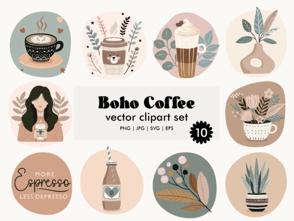 Download Boho Coffee Vector Clipart Set - Coffee vector Collection